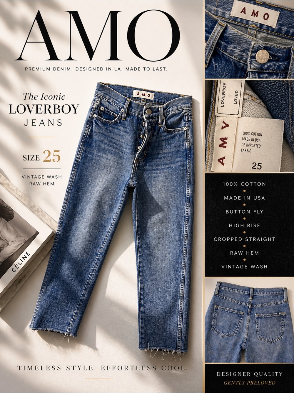 AMO Loverboy Jeans 25 High Rise Button Fly Raw Hem Vintage Straight USA